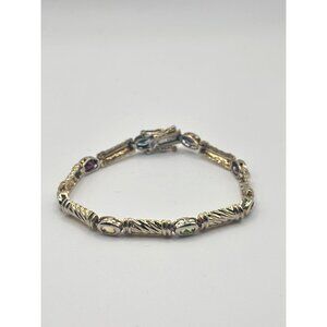 Estate TAS 925 Sterling Silver Multigem Bezel Bracelet 7" Long